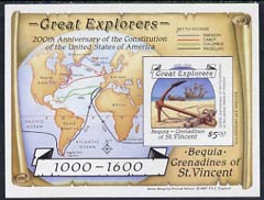 St Vincent - Bequia 1988 Explorers $5 m/sheet (Map & Anchor) imperf progressive proof in magenta, blue, yellow & black (pale green border omitted) unmounted mint. , stamps on explorers      maps      anchor    ships