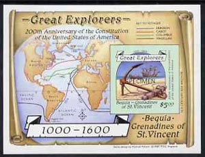 St Vincent - Bequia 1988 Explorers $5 m/sheet (Map & Anchor) imperf opt'd SPECIMEN unmounted mint. , stamps on explorers      maps      anchor    ships