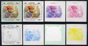 St Vincent - Bequia 1988 Explorers $4 (Ferdinand Magellan) set of 8 unmounted mint imperf progressive proofs comprising the 5 individual colours, plus 2, 4 and all 5-colour composites*. , stamps on explorers        ships     navigation