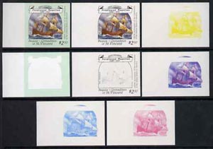 St Vincent - Bequia 1988 Explorers $2.50 (Magellan's ship The Trinidad) set of 8 unmounted mint imperf progressive proofs comprising the 5 individual colours, plus 2, 4 and all 5-colour composites*. , stamps on explorers        ships     