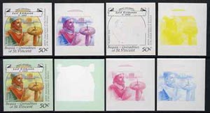 St Vincent - Bequia 1988 Explorers 50c (Leif Eriksson) set of 8 unmounted mint imperf progressive proofs comprising the 5 individual colours, plus 2, 4 and all 5-colour composites*. , stamps on explorers        ships     navigation    vikings