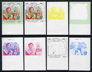 St Vincent - Bequia 1988 Explorers $3.00 (Christopher Columbus & Arms) set of 8 imperf progressive proofs comprising the 5 individual colours, plus 2, 4 and all 5-colour ..., stamps on explorers        ships      columbus    heraldry, stamps on arms