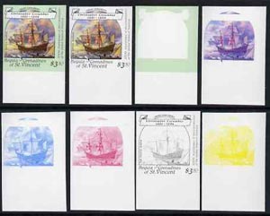St Vincent - Bequia 1988 Explorers $3.50 (Columbuss Santa Maria) set of 8 imperf progressive proofs comprising the 5 individual colours, plus 2, 4 and all 5-colour compos..., stamps on explorers        ships      columbus