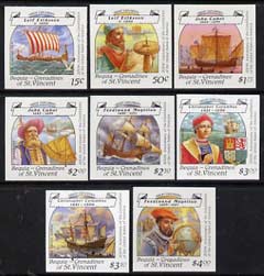 St Vincent - Bequia 1988 Explorers set of 8 unmounted mint imperf progressive proofs in magenta, blue, yellow & black (pale green border omitted) (8 proofs)*. , stamps on explorers     personalities     ships   
