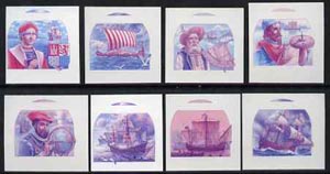 St Vincent - Bequia 1988 Explorers set of 8 unmounted mint imperf progressive proofs in magenta & blue only (8 proofs)*. , stamps on explorers     personalities     ships   