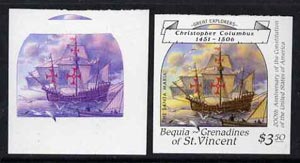 St Vincent - Bequia 1988 Explorers $3.50 (Columbuss Santa Maria) unmounted mint imperf progressive proofs in magenta & blue, and magenta, blue, yellow & black (2 proofs)*..., stamps on explorers        ships      columbus