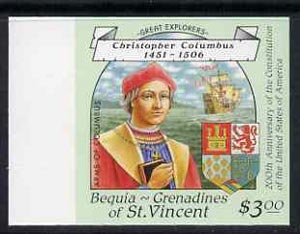 St Vincent - Bequia 1988 Explorers $3.00 (Christopher Columbus & Arms) imperf unmounted mint*. , stamps on explorers, stamps on ships, stamps on columbus, stamps on heraldry, stamps on arms