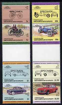 St Vincent - Union Island 1985 Cars #2 (Leaders of the World) set of 8 opt'd SPECIMEN unmounted mint, stamps on cars, stamps on  mg , stamps on  mgb , stamps on oldsmobile     peugeot    duryea