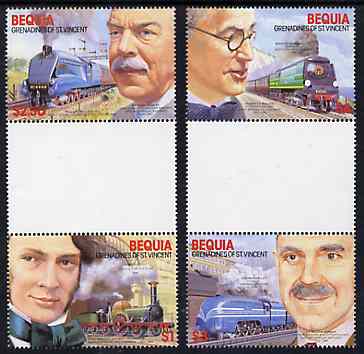 St Vincent - Bequia 1986 Locomotives & Engineers (Leaders of the World) set of 4 se-tenant gutter pairs (folded through gutters or perfs) from uncut archive proof sheets unmounted mint, stamps on railways    engineers
