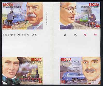 St Vincent - Bequia 1986 Locomotives & Engineers (Leaders of the World) set of 4 in imperf se-tenant cross-gutter block (folded through gutter) from uncut archive proof s..., stamps on railways    engineers