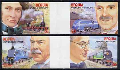 St Vincent - Bequia 1986 Locomotives & Engineers (Leaders of the World) set of 4 imperf se-tenant gutter pairs (folded through gutters) from uncut archive proof sheet unm..., stamps on railways    engineers