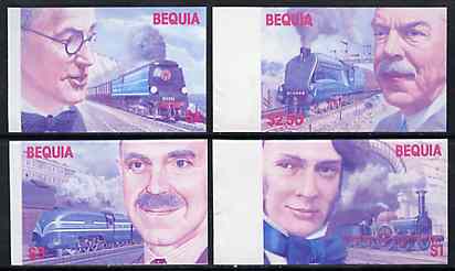 St Vincent - Bequia 1986 Locomotives & Engineers (Leaders of the World) set of 4 in imperf progressive proofs in magenta & blue only (4 proofs) unmounted mint, stamps on railways    engineers