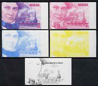 St Vincent - Bequia 1986 Locomotives & Engineers (Leaders of the World) $1.00 (Sir Daniel Gooch & Firefly) set of 5 imperf progressive proofs comprising the 4 individual ..., stamps on railways    engineers