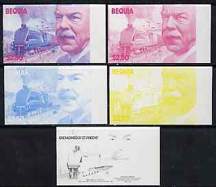 St Vincent - Bequia 1986 Locomotives & Engineers (Leaders of the World) $2.50 (Sir Nigel Gresley & Mallard) set of 5 imperf progressive proofs comprising the 4 individual..., stamps on railways    engineers, stamps on scots, stamps on scotland