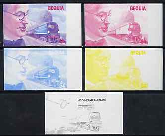 St Vincent - Bequia 1986 Locomotives & Engineers (Leaders of the World) $4.00 (Oliver Bullied & Battle of Britain Class) set of 5 imperf progressive proofs comprising the..., stamps on railways    engineers