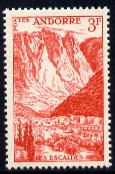 Andorra - French 1955-58 Les Escaldes 3f scarlet unmounted mint SG F146, stamps on mountains