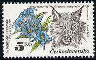 Czechoslovakia 1983 Gentiana & Lynx 5k value from Nature Protection set unmounted mint, SG 2678, Mi 2715*, stamps on flowers    cats    lynx