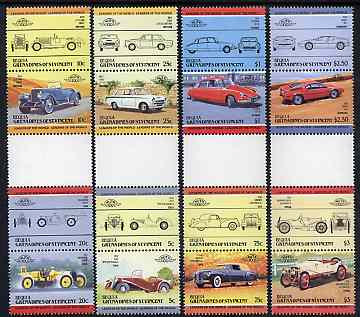 St Vincent - Bequia 1984 Cars #2 (Leaders of the World) set of 16 in se-tenant gutter pairs (folded through gutters or perfs) from uncut archive proof sheet unmounted mint, stamps on cars     lincoln    citroen    bmw     hispano   fiat    marmon    ford lotus     leyland