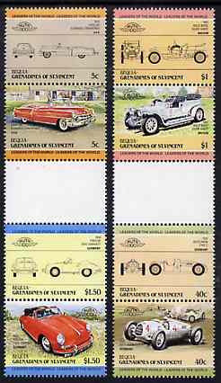 St Vincent - Bequia 1984 Cars #1 (Leaders of the World) set of 8 in se-tenant gutter pairs (folded through gutters or perfs) from uncut archive proof sheet, unmounted min..., stamps on cars    porsche     rolls royce    auto union      cadillac