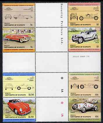 St Vincent - Bequia 1984 Cars #1 (Leaders of the World) set of 8 in se-tenant cross-gutter blocks (folded through gutters or perfs) from uncut archive proof sheet, some s..., stamps on cars    porsche     rolls royce    auto union      cadillac
