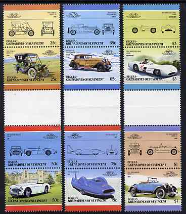 St Vincent - Bequia 1986 Cars #5 (Leaders of the World) set of 12 in se-tenant gutter pairs (folded through gutters or perfs) from uncut archive proof sheet unmounted mint, stamps on , stamps on  stamps on cars    stanley    austin healey    duesenberg     bluebird    mercedes     isotta