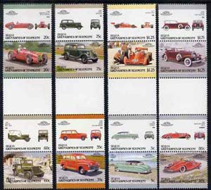 St Vincent - Bequia 1987 Cars #7 (Leaders of the World) set of 16 in se-tenant gutter pairs (folded through gutters or perfs) from uncut archive proof sheet unmounted mint, stamps on cars    racing cars    stutz     ford    mercedes    hudson    maserati     willys jeep      militaria