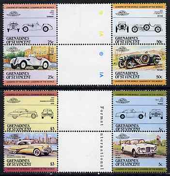 St Vincent - Grenadines 1984 Cars #1 (Leaders of the World) set of 8 in se-tenant gutter pairs (folded through gutters or perfs) from uncut archive proof sheet, SG 339-46 unmounted mint, stamps on cars    buick    frazer nash    bmw    facel vega   