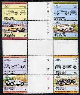 St Vincent - Grenadines 1984 Cars #1 (Leaders of the World) set of 8 in se-tenant cross-gutter block (folded through gutters) from uncut archive proof sheet, some split perfs & wrinkles but a rare archive item, unmounted mint SG 339-46, stamps on cars    buick    frazer nash    bmw    facel vega   