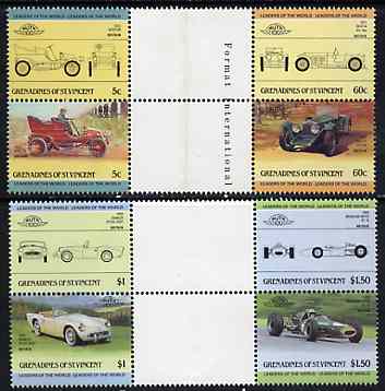 St Vincent - Grenadines 1985 Cars #2 (Leaders of the World) set of 8 in se-tenant gutter pairs (folded through gutters or perfs) from uncut archive proof sheet (SG 378-85) unmounted mint, stamps on cars    racing cars     invicta     daimler     brabham    winton