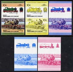 St Vincent - Bequia 1984 Locomotives #2 (Leaders of the World) 10c (4-4-2 Thundersley) set of 5 imperf se-tenant progressive proof pairs comprising two individual colours, two 2-colour and all 4-colour composites unmounted mint, stamps on railways