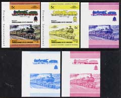 St Vincent - Bequia 1984 Locomotives #2 (Leaders of the World) 5c (4-4-2 Jersey Lily) set of 5 imperf se-tenant progressive proof pairs comprising two individual colours, two 2-colour and all 4-colour composites unmounted mint, stamps on railways