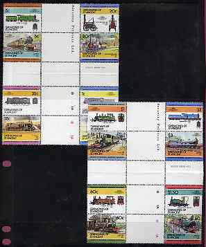 St Vincent - Grenadines 1984 Locomotives #2 (Leaders of the World) set of 16 in se-tenant cross-gutter blocks (folded through gutters) from uncut archive proof sheets, some split perfs & wrinkles but a rare archive item unmounted mint (SG 311-26), stamps on railways