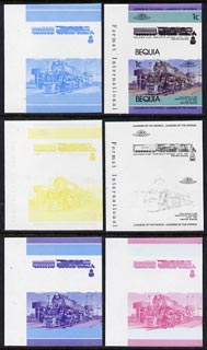 St Vincent - Bequia 1984 Locomotives #1 (Leaders of the World) 1c (Challenger Class) set of 6 imperf se-tenant progressive proof pairs comprising the four individual colo..., stamps on railways, stamps on big locos