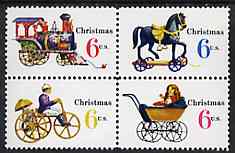 United States 1970 Christmas se-tenant block of 4, SG 1414b, stamps on , stamps on  stamps on christmas, stamps on toys, stamps on bicycles, stamps on railways, stamps on pram
