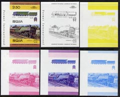 St Vincent - Bequia 1984 Locomotives #1 (Leaders of the World) $1.50 (Experimental Loco) set of 6 imperf se-tenant progressive proof pairs comprising the four individual colours, 2-colour and all 4-colour composites unmounted mint, stamps on railways