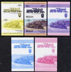 St Vincent - Bequia 1984 Locomotives #1 (Leaders of the World) 25c (4-4-0 New York Central & Hudson River) set of 5 imperf se-tenant progressive proof pairs comprising tw..., stamps on railways