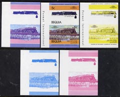 St Vincent - Bequia 1984 Locomotives #1 (Leaders of the World) 5c (4-8-4 Atcheson, Topeka & Santa Fe) set of 5 imperf se-tenant progressive proof pairs comprising two ind..., stamps on railways      bridges