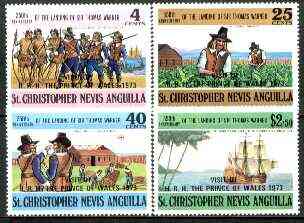 St Kitts-Nevis 1973 Royal Visit of Prince of Wales opts on Thomas Warner set of 4, SG 265-68 unmounted mint*, stamps on explorers, stamps on charles, stamps on royalty, stamps on royal visit, stamps on ships, stamps on tobacco, stamps on forts