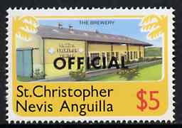 St Kitts-Nevis 1980 Brewery $5 from OFFICIAL opt  set, SG O8 unmounted mint*, stamps on alcohol, stamps on beer, stamps on drink