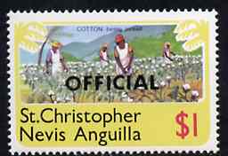 St Kitts-Nevis 1980 Cotton Picking $1 from 'OFFICIAL' opt  set, SG O7 unmounted mint*, stamps on cotton, stamps on textiles