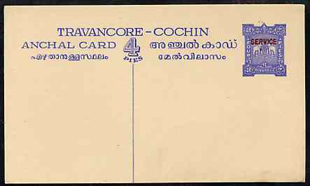 Indian States - Travancore-Cochin 1950c 4 pies p/stat card (Elephants) as H & G 4 but overprinted SERVICE in red, stamps on elephants, stamps on  kg6 , stamps on 