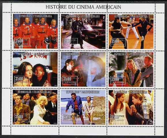 Madagascar 1999 History of American Cinema perf sheetlet #2 containing complete set of 9 values unmounted mint, stamps on films, stamps on cinema, stamps on entertainments, stamps on railways, stamps on ships, stamps on dalmatians, stamps on dolphins, stamps on titanic, stamps on helicopters, stamps on fencing