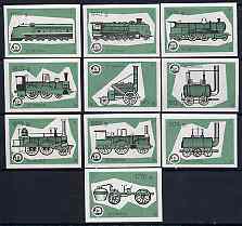 Match Box Labels - complete set of 10 Locomotives (green background), superb unused condition (Yugoslavian Drava Series), stamps on railways