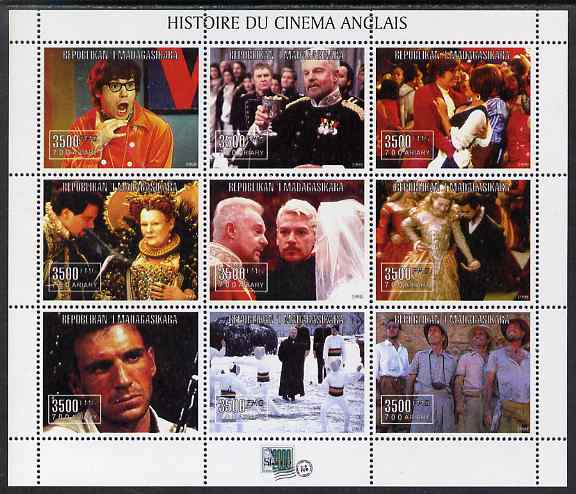 Madagascar 1999 English Cinema Stars perf sheetlet #1 containing complete set of 9 values unmounted mint, stamps on , stamps on  stamps on films, stamps on  stamps on cinema, stamps on  stamps on entertainments, stamps on  stamps on railways, stamps on  stamps on ships, stamps on  stamps on dalmatians, stamps on  stamps on dolphins, stamps on  stamps on titanic, stamps on  stamps on helicopters, stamps on  stamps on fencing