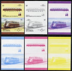 St Vincent - Bequia 1987 Locomotives #5 (Leaders of the World) $1 (GWR Diesel Railcar) set of 6 imperf se-tenant progressive proof pairs comprising the four individual co..., stamps on railways