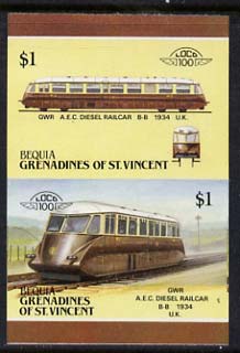 St Vincent - Bequia 1987 Locomotives #5 (Leaders of the World) $1 (GWR Diesel Railcar) imperf se-tenant proof pair in issued colours from limited printing unmounted mint*, stamps on railways