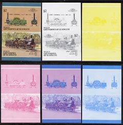 St Vincent - Bequia 1987 Locomotives #5 (Leaders of the World) $2 (2-2-2 LNWR Cornwall) set of 6 imperf se-tenant progressive proof pairs comprising the four individual c..., stamps on railways