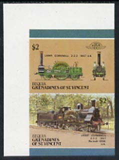 St Vincent - Bequia 1987 Locomotives #5 (Leaders of the World) $2 (2-2-2 LNWR Cornwall) imperf se-tenant proof pair in issued colours from limited printing unmounted mint*, stamps on railways