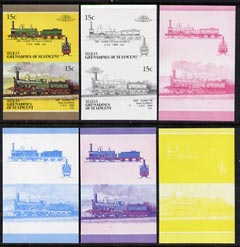 St Vincent - Bequia 1987 Locomotives #5 (Leaders of the World) 15c (2-4-0 SER Class 118) set of 6 imperf se-tenant progressive proof pairs comprising the four individual colours, 2-colour and all 4-colour composites unmounted mint, stamps on railways