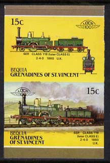 St Vincent - Bequia 1987 Locomotives #5 (Leaders of the World) 15c (2-4-0 SER Class 118) imperf se-tenant proof pair in issued colours from limited printing unmounted mint*, stamps on railways